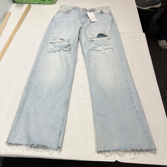 Zara Jeans Mens 44 Distressed Light Wash Straight Leg Raw Hem High Rise Denim - Picture 9 of 9